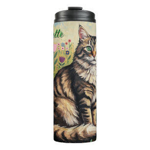 Garrafa Térmica Gato Tabby Cinza Fofo e Flores de Arte Popular