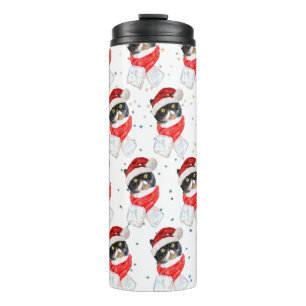 Garrafa Térmica Gato Tricolor de Natal Aquarela com Cachecol