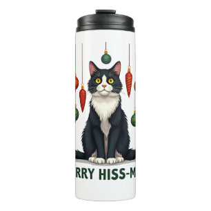 Garrafa Térmica Gato Tuxedo de Natal com Decorações de Feriado Mer