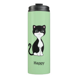 Garrafa Térmica Gato Tuxedo Feliz Fofo em Verde Claro