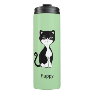 Garrafa Térmica Gato Tuxedo Fofo e Feliz em Verde Claro