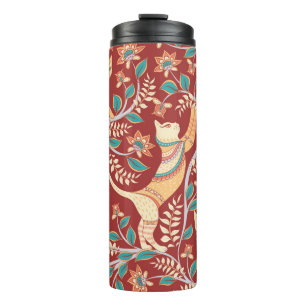 Garrafa Térmica Gatos com ornamentos, ramos com flores e folhas