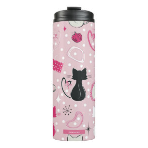 Garrafa Térmica Gatos Coração Rosa Meados do Século