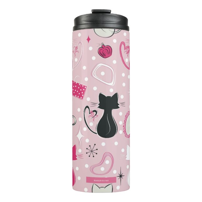 Garrafa Térmica Gatos Coração Rosa Meados do Século (Frente)