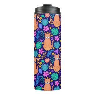 Garrafa Térmica Gatos e flores tropicais: padrão escuro