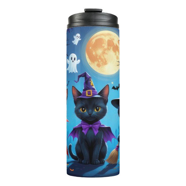 Garrafa Térmica Gatos Negros Pumpkin Halloween Engraçado (Frente)