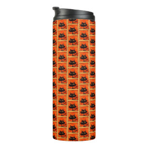 Garrafa Térmica Gatos Pretos de Halloween Quadrados Laranjas Carto