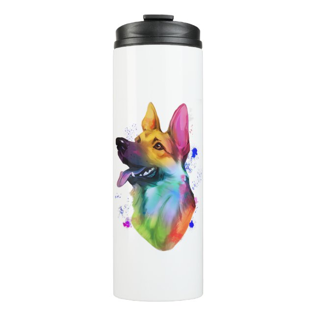 Garrafa Térmica German shepherd Rainbow Watercolor Paint Splatter (Frente)