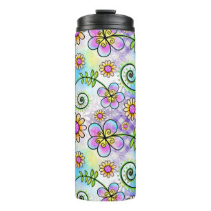Garrafa Térmica Gingham roxo com flores e videiras puxadas à mão