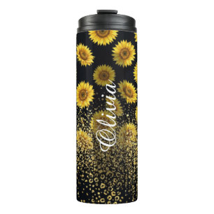 Garrafa Térmica Girassol Preto Personalizado com Brilho 475ml