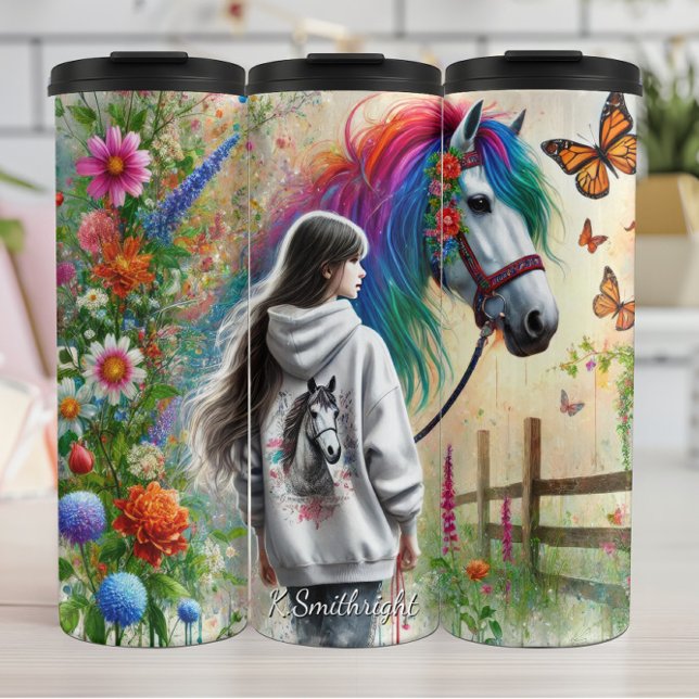 Garrafa Térmica Girl Rainbow Horse Butterfly Meadow Magic (Criador carregado)