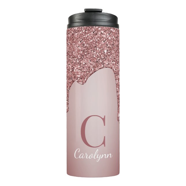 Garrafa Térmica Girly Rosa Dourado Sparkle Glitter Drives Monogram (Frente)