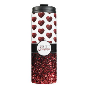 Garrafa Térmica Glam Red Glitter brilha Padrão cardíaco Monogram