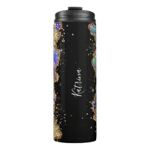 Garrafa Térmica Glitter de mármore azul-Dourado personalizado da t