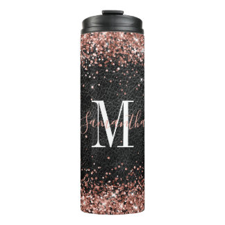 Garrafa Térmica Glitter de Ouro Rosa Falso Couro Preto Monograma