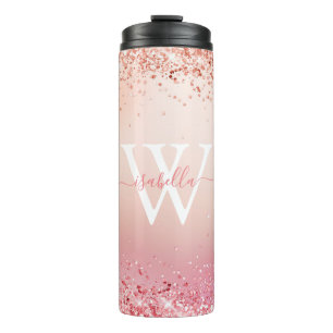 Garrafa Térmica Glitter de Ouro Rosa Monograma Elegante