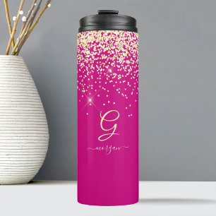 Garrafa Térmica Glitter Dourado & Monograma Nome em Letra Branca,