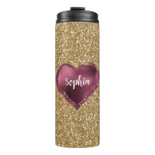 Garrafa Térmica Glitter Dourado Vermelho Burgundy Coração Amor