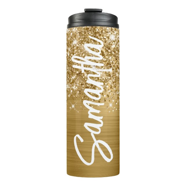 Garrafa Térmica Glittery Gold Glam Nome Vertical Personalizado (Frente)