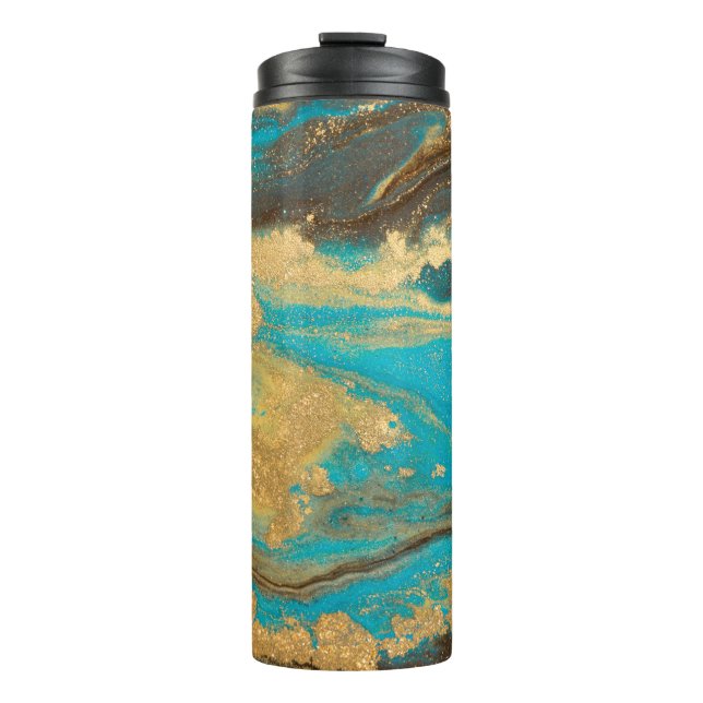 Garrafa Térmica Gold marbling texture design. Blue and golden marb (Frente)