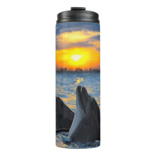 Garrafa Térmica Golfinhos de garganta, cena do sol no oceano.