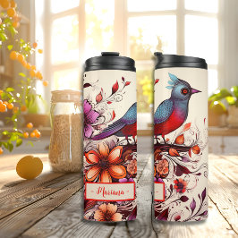 Garrafa Térmica Gorgeous Red bird e floral — Nome personalizado Su