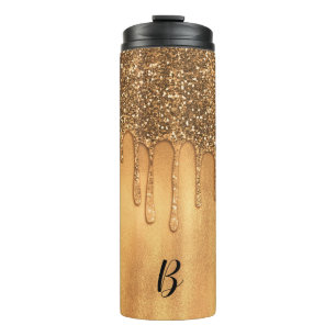 Garrafa Térmica Gotejando em Brilho de Mel Dourado Gotas Bonitas
