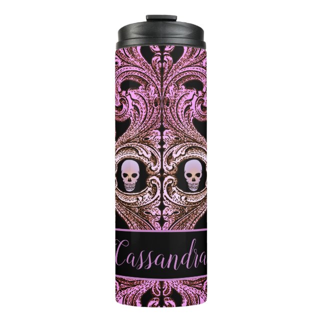 Garrafa Térmica Gótico Cor-de-Rosa com Caveira Personalizada (Frente)