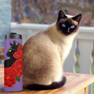 Garrafa Térmica Gótico Gato Preto Rosas Vermelhas Roxo