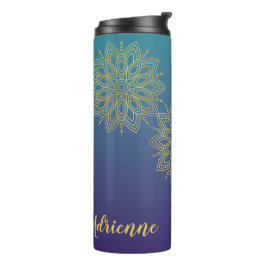Garrafa Térmica Gradiente de Teal Roxo Faux Dourada Mandala