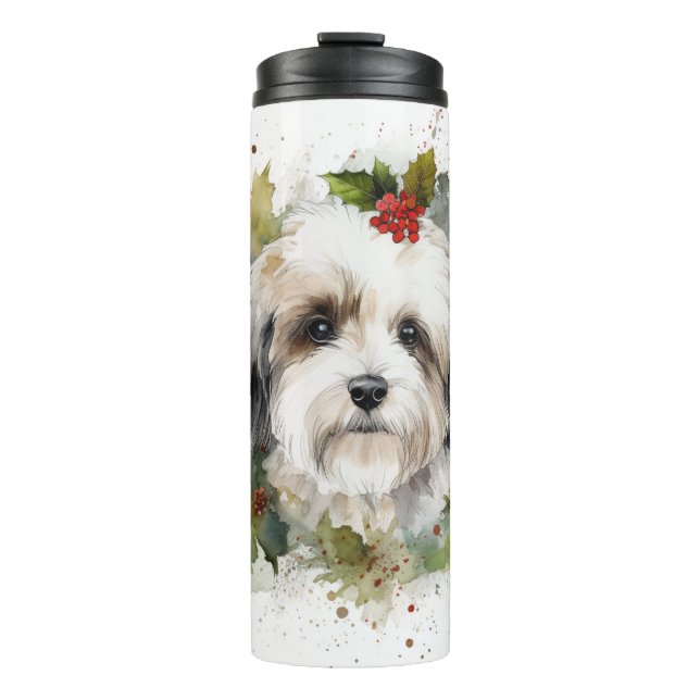 Garrafa Térmica Grinalda de Natal Havanese Cachorrinho Festivo (Frente)