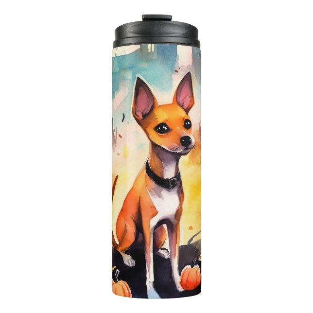Garrafa Térmica Halloween Basenji Com Abóboras Assustador  (Frente)