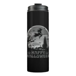GARRAFA TÉRMICA  HALLOWEEN BRUXA CEMITÉRIO PRETO E BRANCO