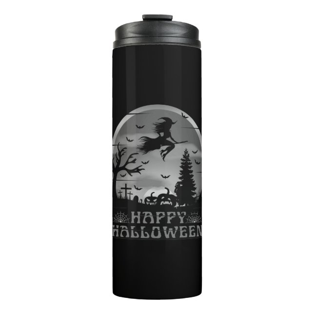 GARRAFA TÉRMICA  HALLOWEEN BRUXA CEMITÉRIO PRETO E BRANCO (Frente)