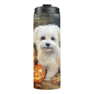 Garrafa Térmica Halloween Coton De Tulear Com Pumpkins Assustado