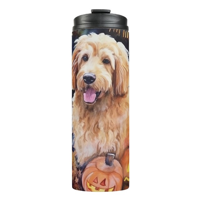 Garrafa Térmica Halloween Goldendoodle com Abóboras Assustador (Frente)