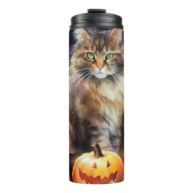 Garrafa Térmica Halloween Maine Coon Cat Com Pumpkins Assustado (Frente)