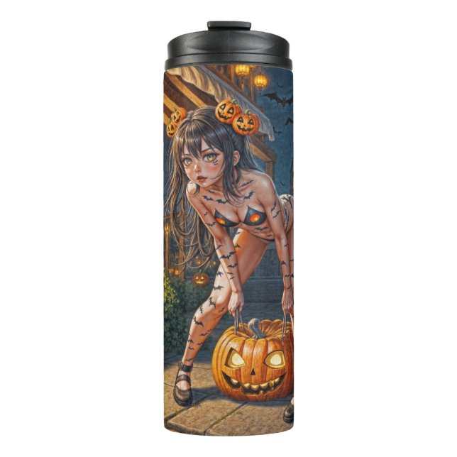 Garrafa Térmica Halloween Monster Jack-o-Lanterna e Bat Vixen Girl (Frente)