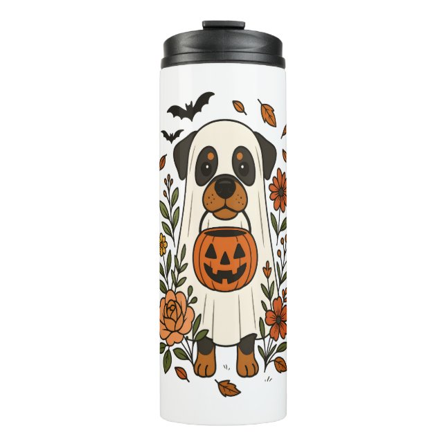 Garrafa Térmica Halloween Rottweiler com Flores (Frente)