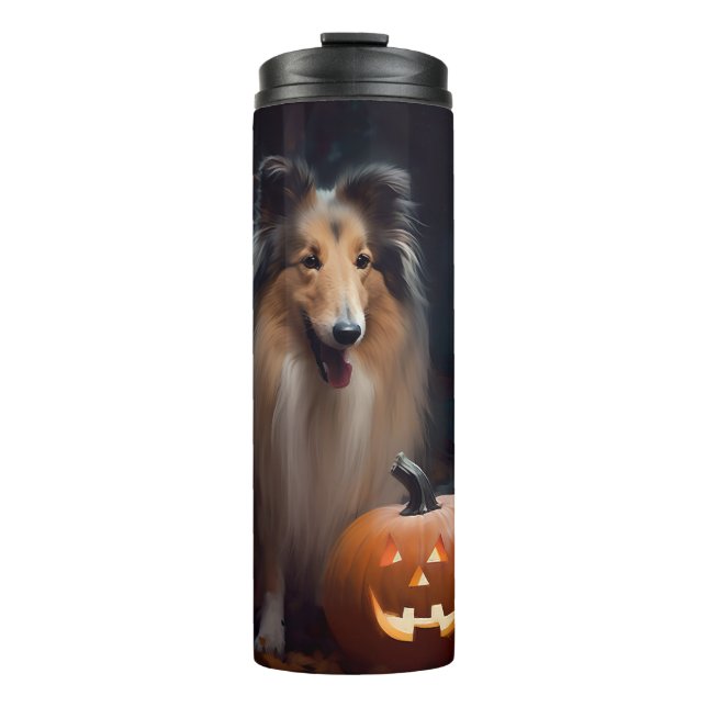 Garrafa Térmica Halloween Rough Collie Com Pumpkins Assustado (Frente)