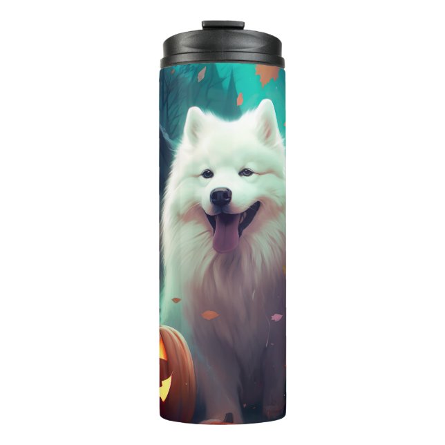 Garrafa Térmica Halloween Samoyed Com Pumpkins Assustado (Frente)