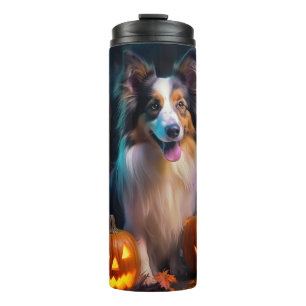 Garrafa Térmica Halloween Shetland Sheepdog Com Pumpkins Assustado