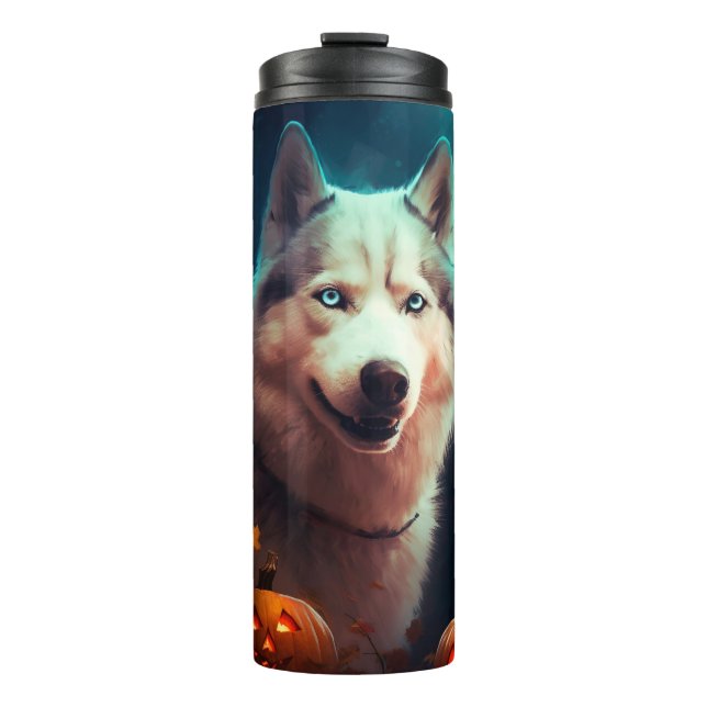 Garrafa Térmica Halloween Siberian Husky Com Pumpkins Assustado (Frente)