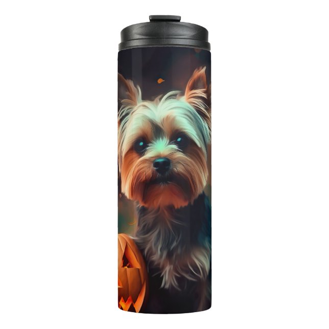 Garrafa Térmica Halloween Yorkshire Terrier Com Pumpkins Assustado (Frente)