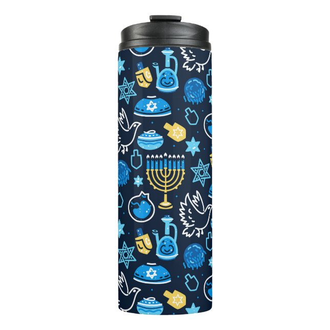 Garrafa Térmica Hanukkah - Símbolos Padrão Azul (Frente)