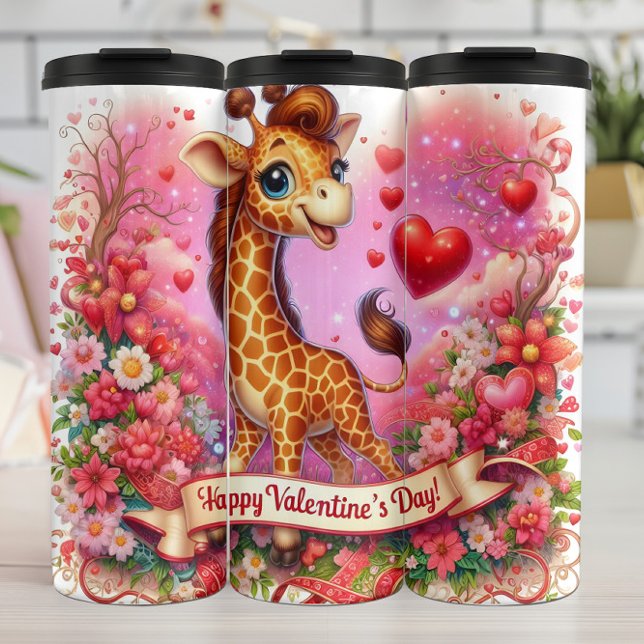 Garrafa Térmica Happy Valentine Day Giraffe Floral Wrap (Criador carregado)