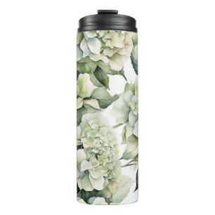 Garrafa Térmica Hídrangas florais de cor branca esverdeada Elegant