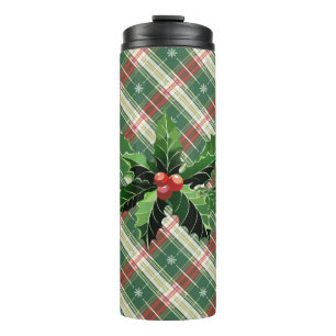 Garrafa Térmica Holly e Berries na Xadrez de Natal Verde Branco N