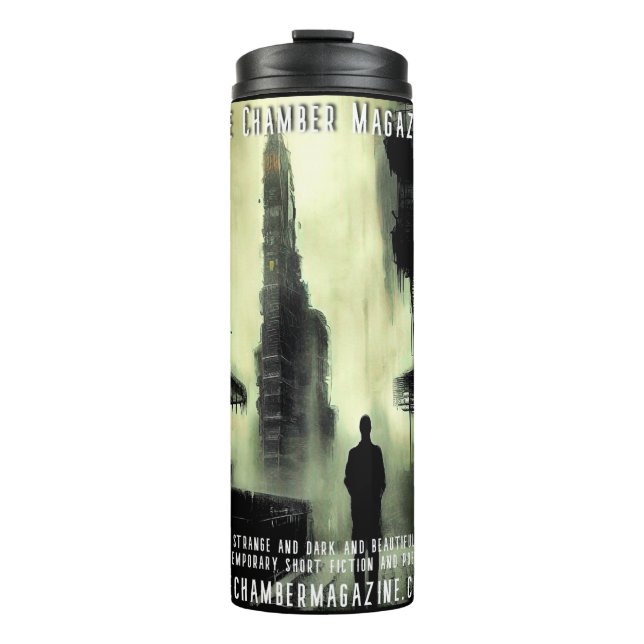 Garrafa Térmica homem e cityscape ciberpunk Revista Câmara (Frente)