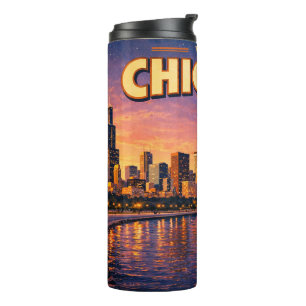 Garrafa Térmica Horizonte de Chicago e Lago Michigan ao anoitecer